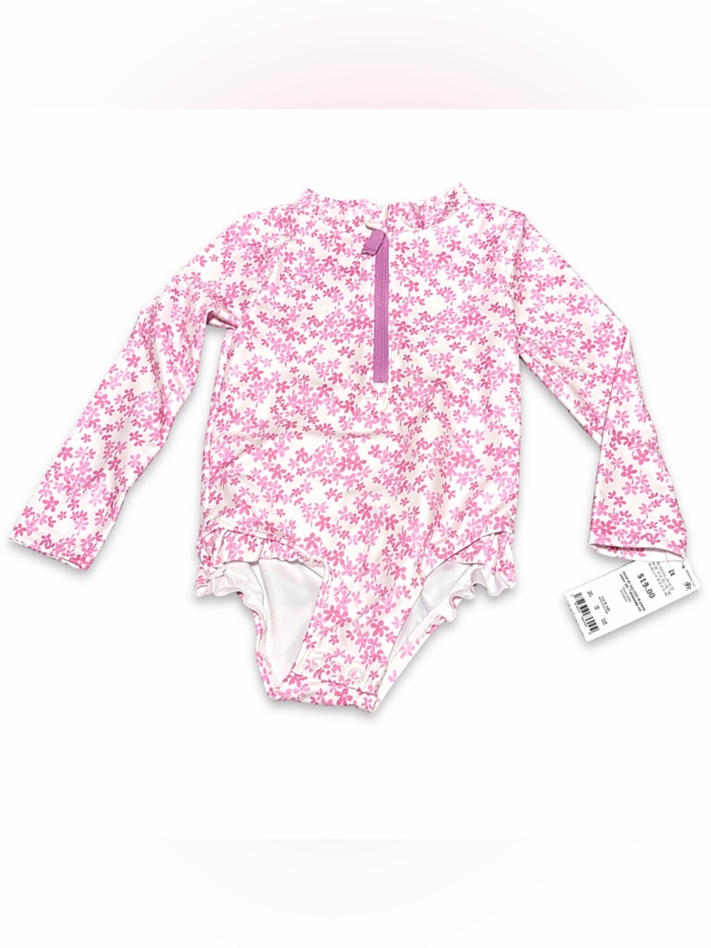 Girls Long-Sleeve Pink Floral Rash Guard One-Piece Swimsuit